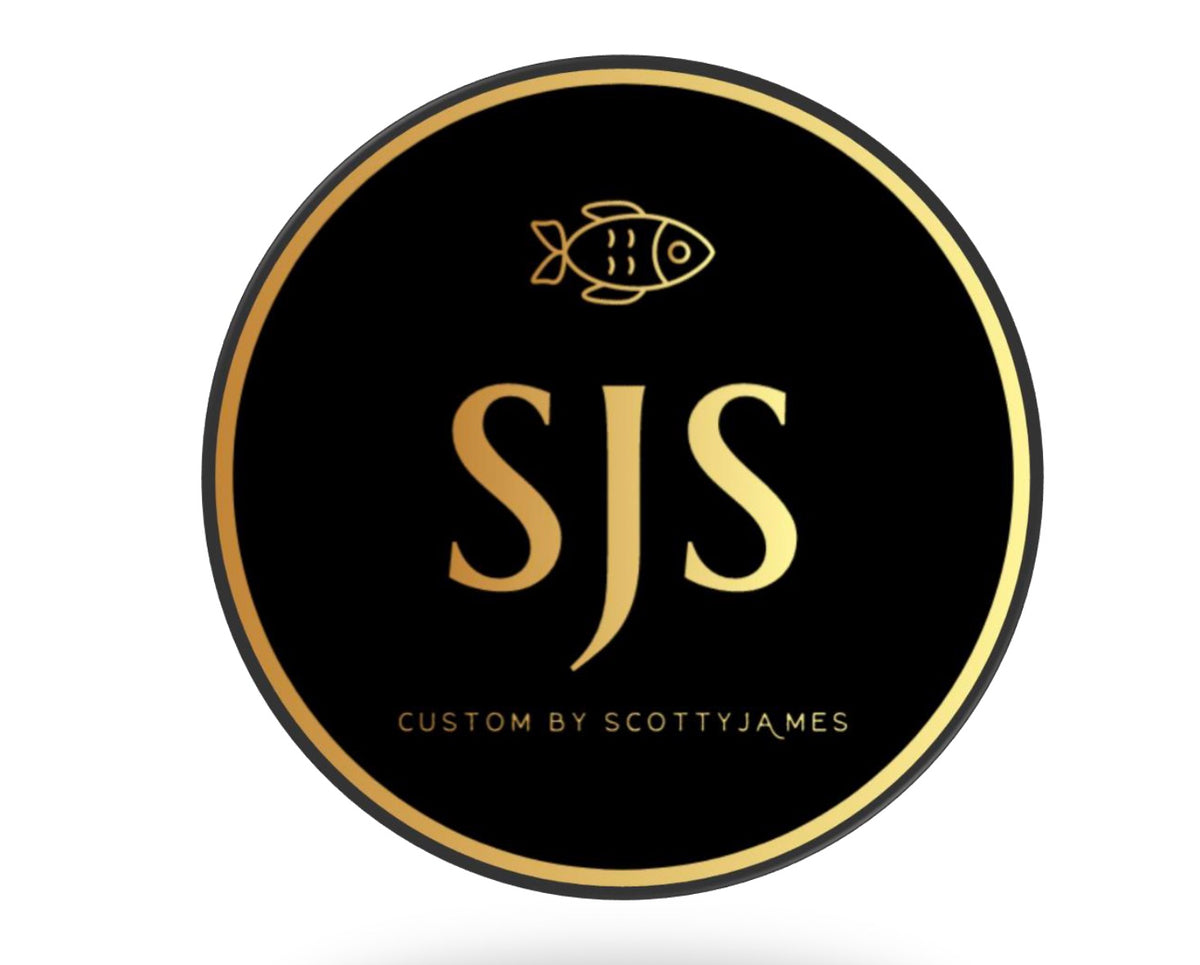 SJS Scott James Surfboards gold fish image and lettering in a black circle 