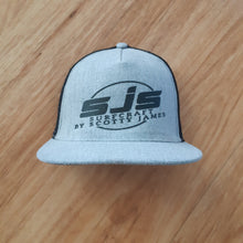 Load image into Gallery viewer, Top quality retro style SJS logo on soft grey truckers cap photo from the front
