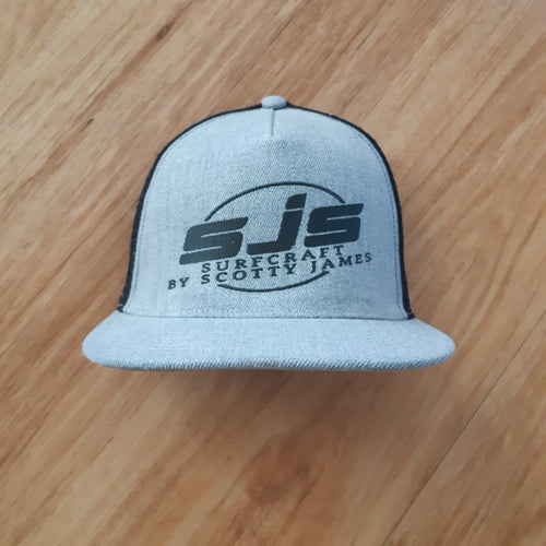 Top quality retro style SJS logo on soft grey truckers cap photo from the front